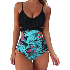 Firpearl Traje de baño de una pieza para mujer Push Up Bikini recortado, monokini. Una pieza con diseño de hojas rosada y azul.