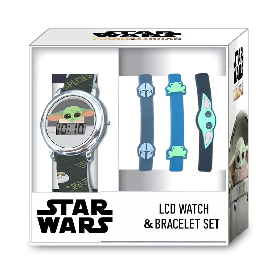 Star Wars The Mandalorian Grogu - Juego de reloj LCD y pulsera de personajes para niños con bandas de silicona, pantalla digital de tiempo, ideal para niños a partir de 6 años.