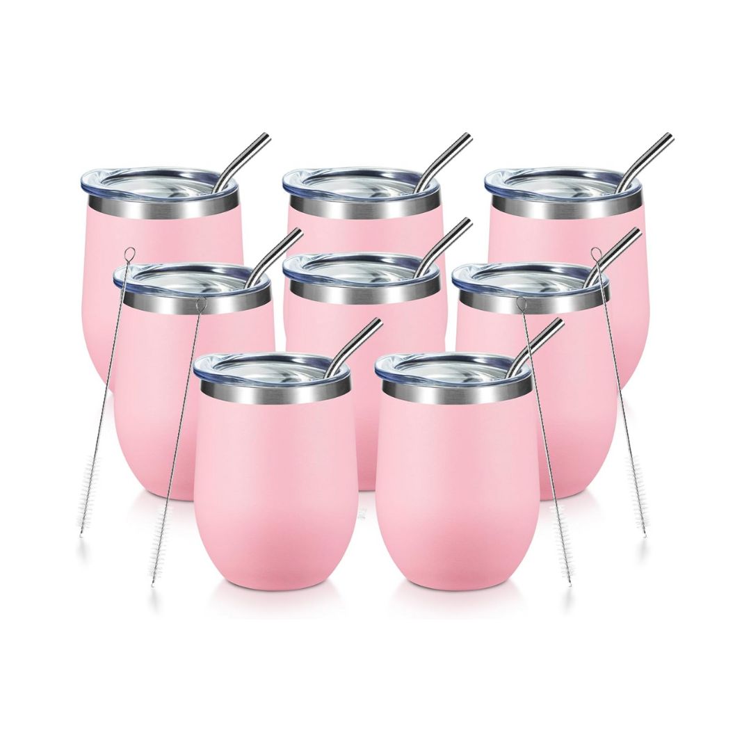 Vaso para vino de acero inoxidable con tapa, de 12 onzas para café, vino, cócteles, helado, con tapa y pajilla. (Color Rosa)