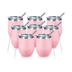 Vaso para vino de acero inoxidable con tapa, de 12 onzas para café, vino, cócteles, helado, con tapa y pajilla. (Color Rosa)