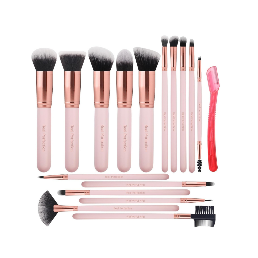 Set de Brochas de Maquillaje Real Perfection de 16 Piezas + Navaja para Cejas – Brochas para Base, Polvo, Ojos y Rubor.