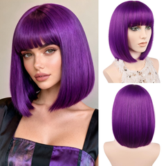 Peluca estilo Bob, color Morado Oscuro con Flequillo, marca MAYSA, de 12” (30cm). Peluca Sintética, Ideal para Cosplay, disfraz de Shakira y Uso Diario.