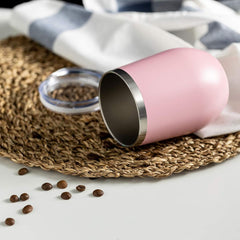 Vaso para vino de acero inoxidable con tapa, de 12 onzas para café, vino, cócteles, helado, con tapa y pajilla. (Color Rosa)