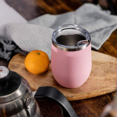 Vaso para vino de acero inoxidable con tapa, de 12 onzas para café, vino, cócteles, helado, con tapa y pajilla. (Color Rosa)