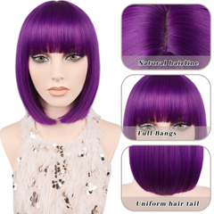 Peluca estilo Bob, color Morado Oscuro con Flequillo, marca MAYSA, de 12” (30cm). Peluca Sintética, Ideal para Cosplay, disfraz de Shakira y Uso Diario.