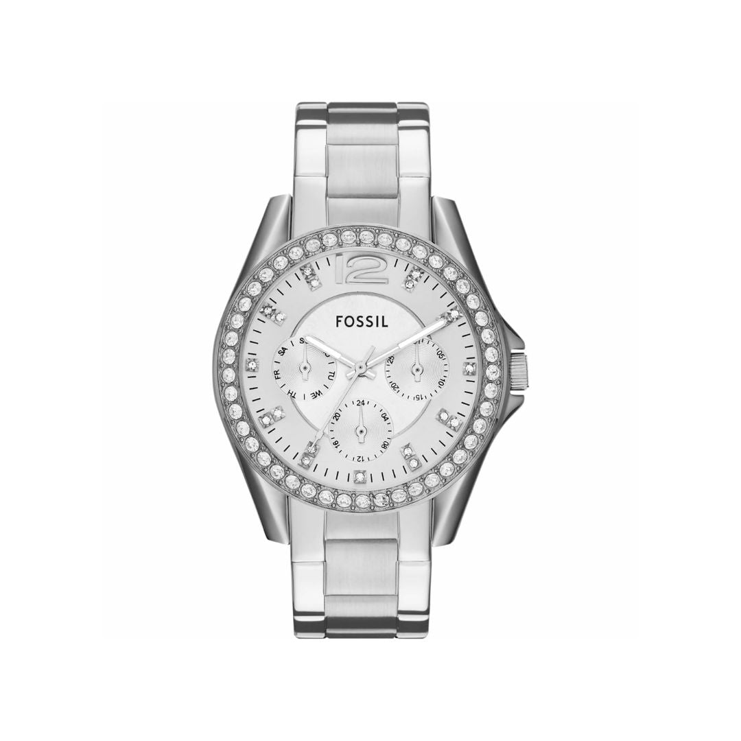 Reloj para dama Fossil Riley con detalles de cristales y brazalete de acero inoxidable. Reloj para mujer marca FOSSIL.