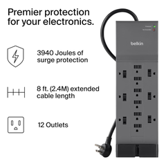 Outlet de Alimentación con Protección contra Sobrecargas de 12 Tomas marca Belkin – Cable Plano 8 ft, Alta Capacidad. Regleta.