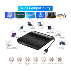 Grabadora y lectora de DVD/CD Externa USB 3.0 Portátil – Compatible con Windows, Mac y Linux. Unidad externa de CD/DVD para computadora portátil y de escritorio.