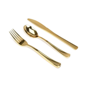 Juego de cubiertos elegantes, de plástico, para fiestas. Pre enrollados en servilletas blancas. Cubiertos de plástico dorado pesado con servilleta blanca con banda dorada.