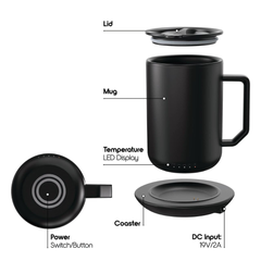 ionMug y posavasos de carga: taza de café de acero inoxidable con autocalentamiento y tapa (12 oz), 3,5" x 3,5" x 5"