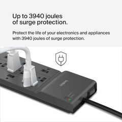 Outlet de Alimentación con Protección contra Sobrecargas de 12 Tomas marca Belkin – Cable Plano 8 ft, Alta Capacidad. Regleta.