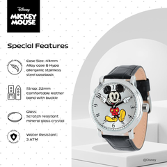 Disney Mickey Mouse - Reloj de pulcera con manos articuladas para hombres - Reloj clásico de Mickey para hombres, - Elegante reloj con esfera blanca y caja plateada.
