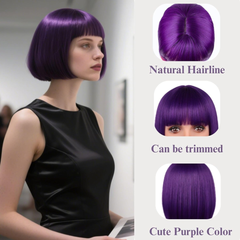 Peluca Morada Oscuro, Estilo Bob con Flequillo, largo 12 Pulgadas, Ajustable. Peluca para Cosplay, disfraz de Shakira o vida diaria.