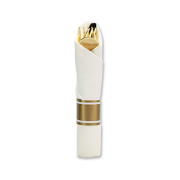 Juego de cubiertos elegantes, de plástico, para fiestas. Pre enrollados en servilletas blancas. Cubiertos de plástico dorado pesado con servilleta blanca con banda dorada.