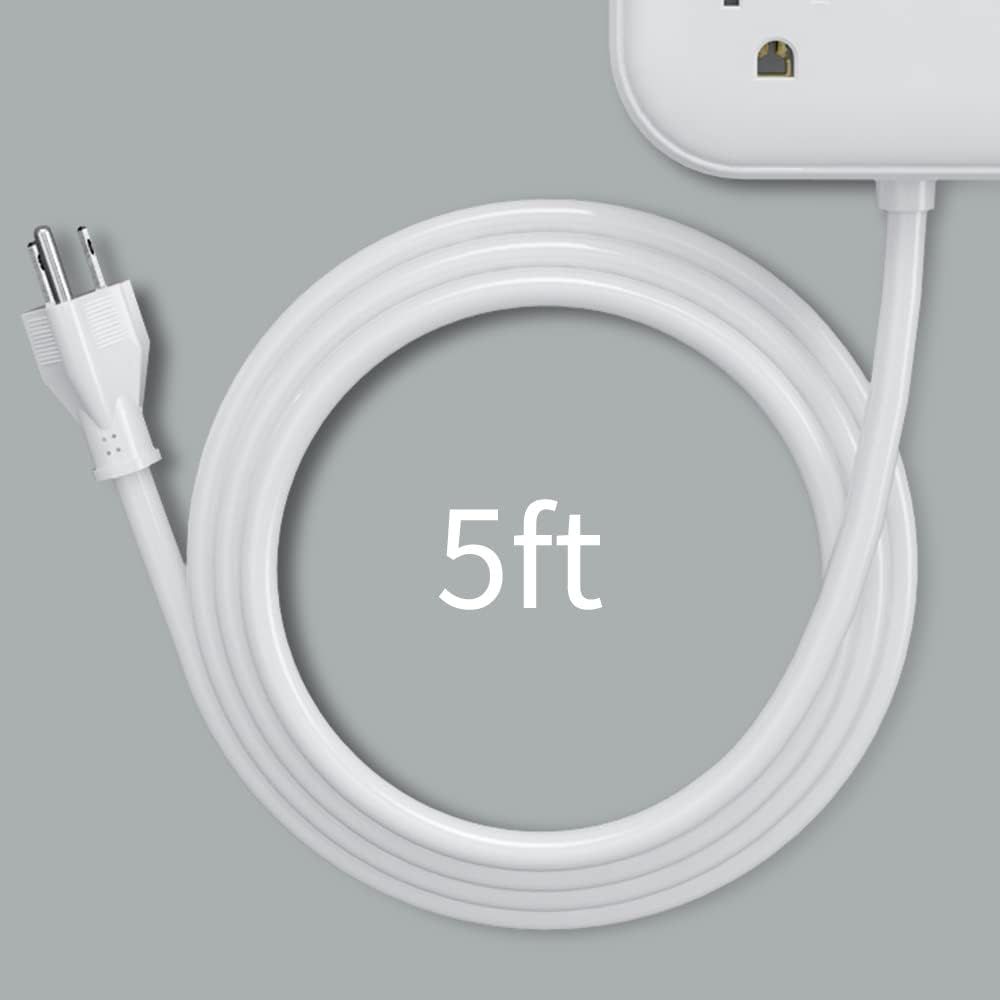 Kumi - Puerto cargador USB de 45 W con 2 toma corrientes, 3 puertos USB (PD de 25 W), cable de 5 pies, protector de sobretensión, apta para teléfonos iOS Android