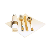 Juego de cubiertos elegantes, de plástico, para fiestas. Pre enrollados en servilletas blancas. Cubiertos de plástico dorado pesado con servilleta blanca con banda dorada.