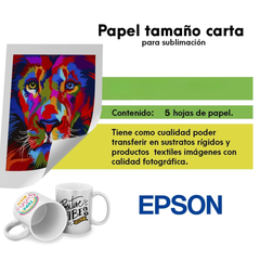 Hojas para Sublimación de tinta marca EPSON, tamaño carta: 8.5" x 11". Paquete de 10 hojas de papel de transferencia multiusos. Hojas para sublimar.