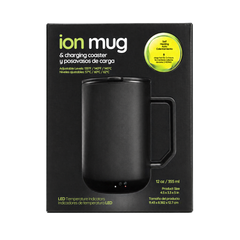 ionMug y posavasos de carga: taza de café de acero inoxidable con autocalentamiento y tapa (12 oz), 3,5" x 3,5" x 5"