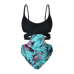 Firpearl Traje de baño de una pieza para mujer Push Up Bikini recortado, monokini. Una pieza con diseño de hojas rosada y azul.