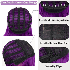 Peluca Morada Oscuro, Estilo Bob con Flequillo, largo 12 Pulgadas, Ajustable. Peluca para Cosplay, disfraz de Shakira o vida diaria.