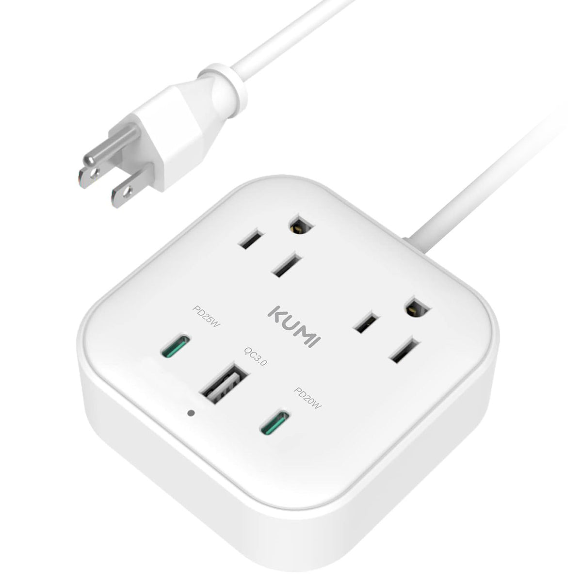 Kumi - Puerto cargador USB de 45 W con 2 toma corrientes, 3 puertos USB (PD de 25 W), cable de 5 pies, protector de sobretensión, apta para teléfonos iOS Android