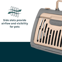 SportPet Designs - Transportador plegable para gatos, para viaje, de plástico, puerta delantera, color gris y beige, mediano.