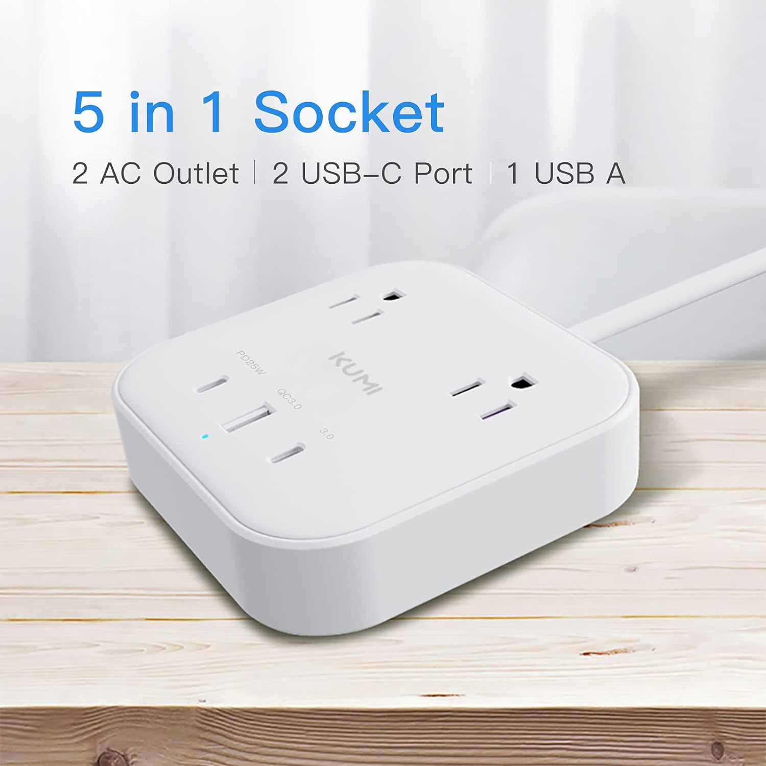 Kumi - Puerto cargador USB de 45 W con 2 toma corrientes, 3 puertos USB (PD de 25 W), cable de 5 pies, protector de sobretensión, apta para teléfonos iOS Android