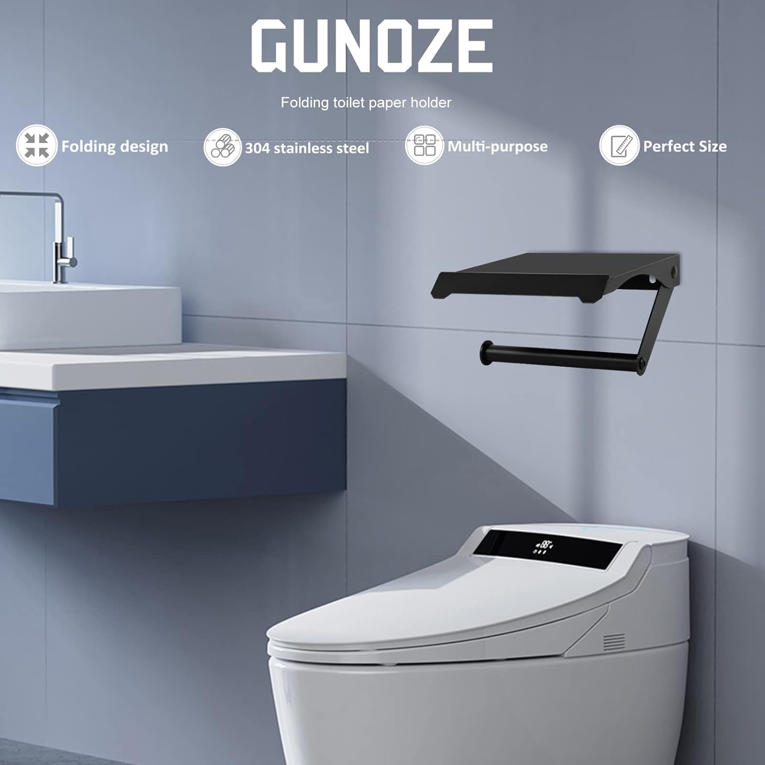 Gunoze - Portarrollos de papel higiénico de metal de alta calidad para montaje en pared con estante para teléfono, soporte de papel ajustable en 45° color negro mate