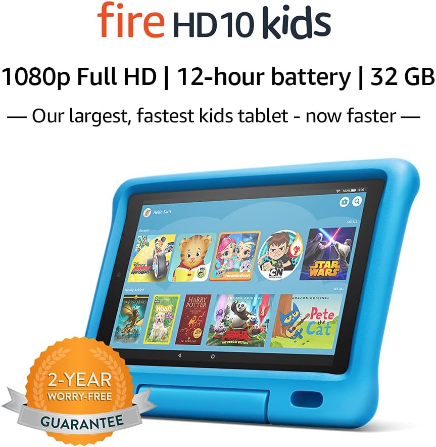 Amazon Tablet Fire HD 10 Kids - Pantalla 10.1 pulgadas 1080p Full HD, 32 GB, Funda Azul (Edición 2019)