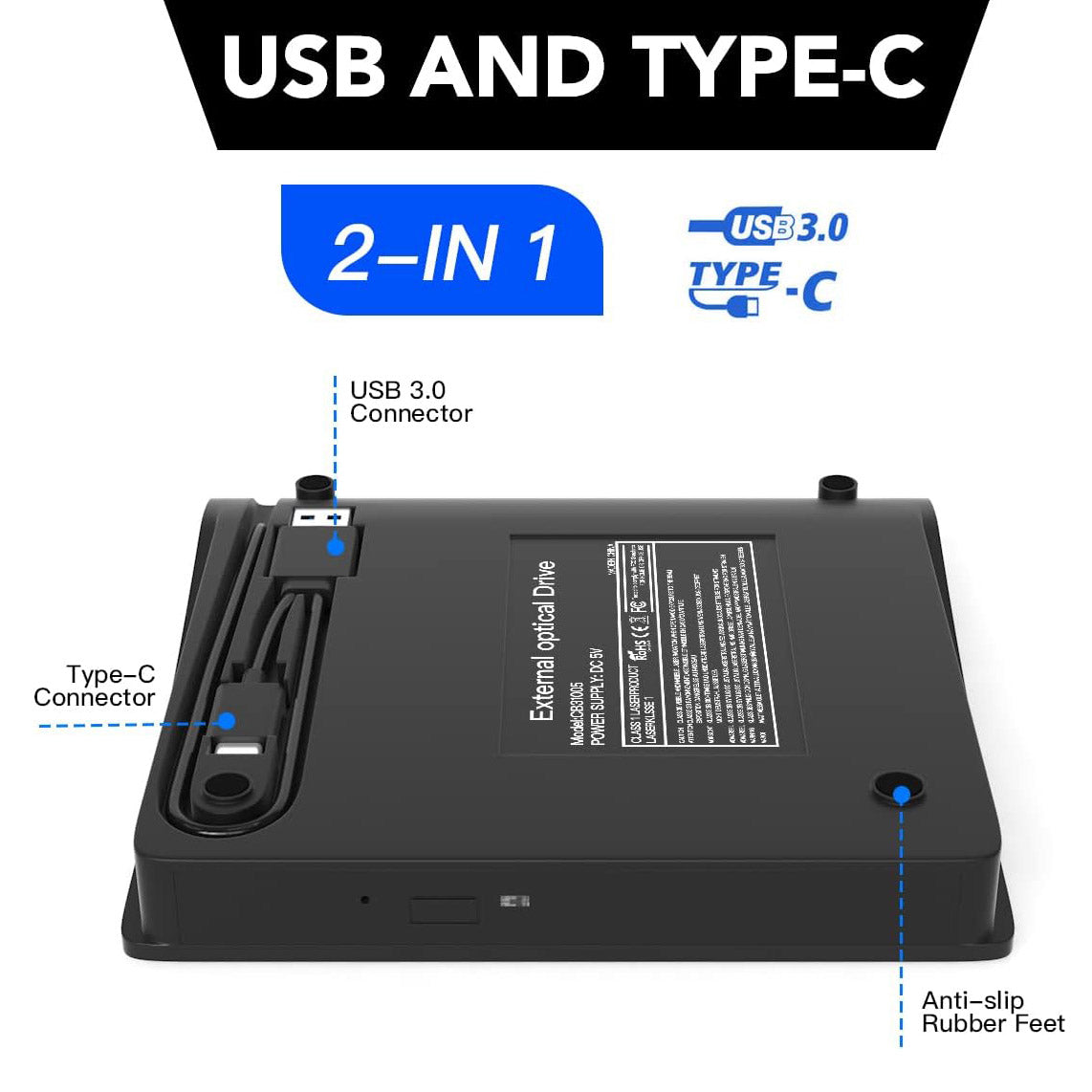 Unidad de DVD Externa USB 3.0 y Tipo C, Unidad Optica de CD/DVD +/-RW, grabadora de CD de DVD Delgada Portátil, Windows 11/10/7 Mac OS Linux OS