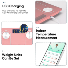 Báscula digital inteligente con pantalla LED, práctica báscula de medición de grasa corporal, báscula de baño con aplicación para teléfono inteligente, color rosa.