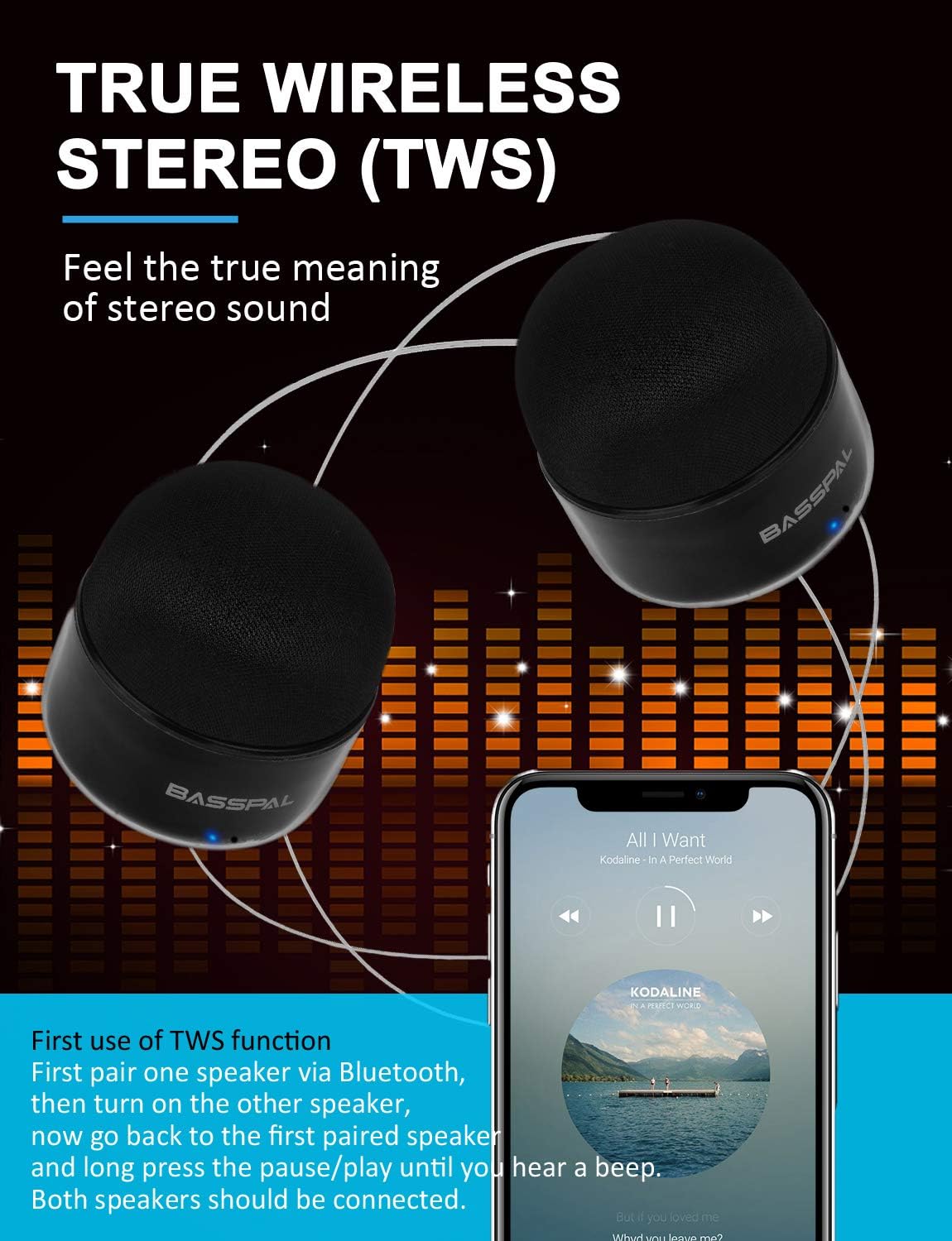 BassPal Parlantes Bluetooth portátiles, Pequeños Parlantes Stéreo Inalámbrico (TWS) con radio, IPX5 impermeable, sonido HD y graves mejorados, Para el hogar, Viajes, Aire libre