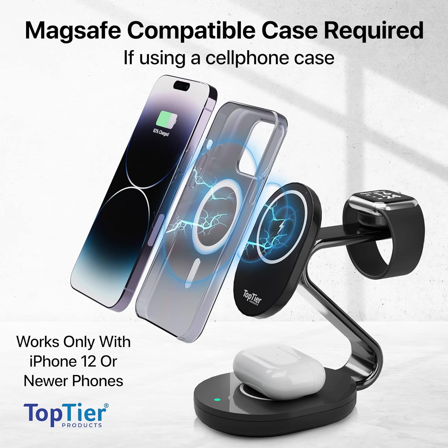 TopTier - Estación de carga inalámbrica Magsafe 3 en 1, diseño de metal, iPhone Apple Watch Airpods, compatible con Magsafe