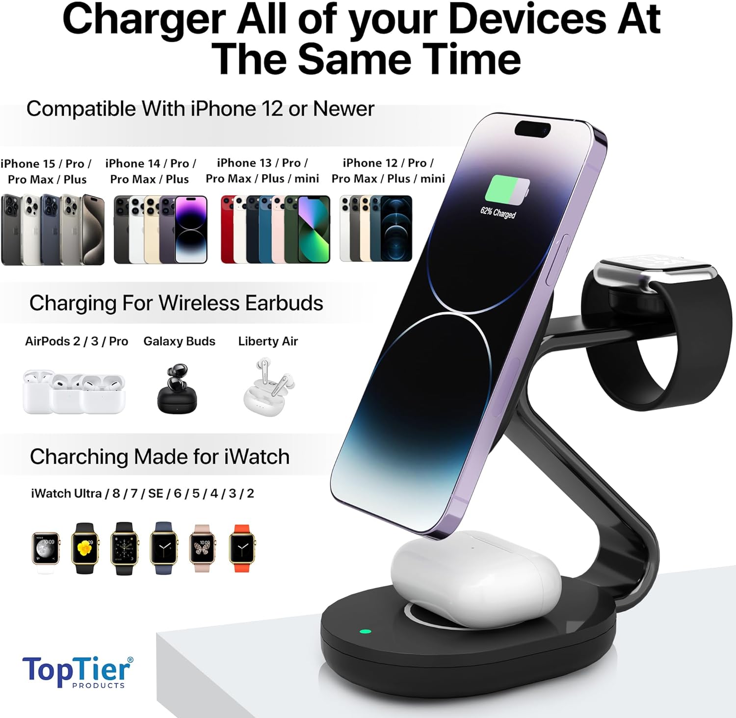 TopTier - Estación de carga inalámbrica Magsafe 3 en 1, diseño de metal, iPhone Apple Watch Airpods, compatible con Magsafe