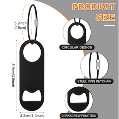 Set de 3 llaveros destapadores planos, de acero inoxidable, abrebotellas de 3.5 x 1.3 pulgadas, destapador plano con llavero para hombres, mujeres, barman, cocina, bar, restaurante, color negro.