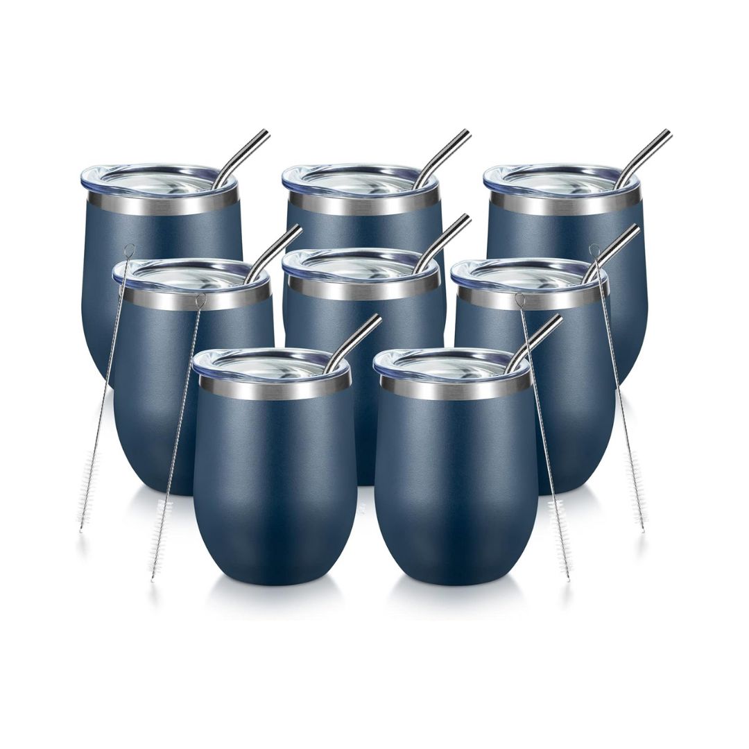 Vaso para vino de acero inoxidable con tapa, de 12 onzas, pared doble aislada al vacío, para café, vino, cócteles, helado, con tapa y pajilla. (Color Azul Marino)