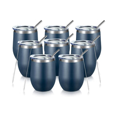 Vaso para vino de acero inoxidable con tapa, de 12 onzas, pared doble aislada al vacío, para café, vino, cócteles, helado, con tapa y pajilla. (Color Azul Marino)