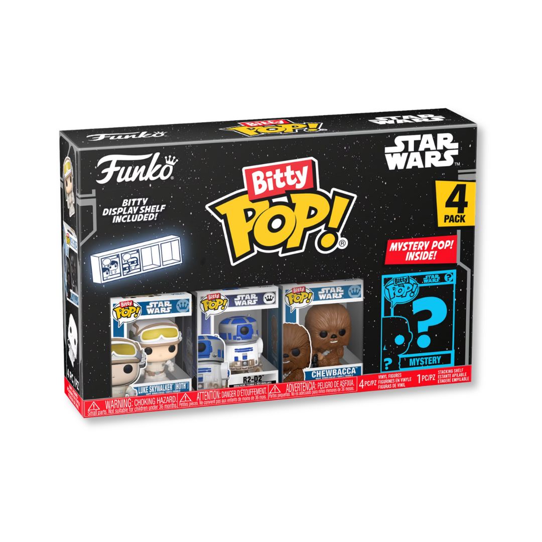 Funko Bitty Pop! Star Wars - Luke Skywalker (Hoth), R2-D2, Chewbacca y una figura sorpresa misteriosa - Coleccionable de 2,2 cm (0,9 pulgadas) - Incluye estante apilable - Idea de regalo - Adorno para pastel.