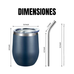 Vaso para vino de acero inoxidable con tapa, de 12 onzas, pared doble aislada al vacío, para café, vino, cócteles, helado, con tapa y pajilla. (Color Azul Marino)