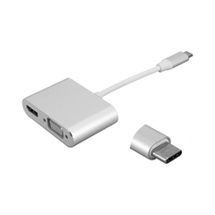 Adaptador Multipuerto tipo USB C a HDMI + VGA. Base inteligente de ultra alta definición con VGA. Color plateado.