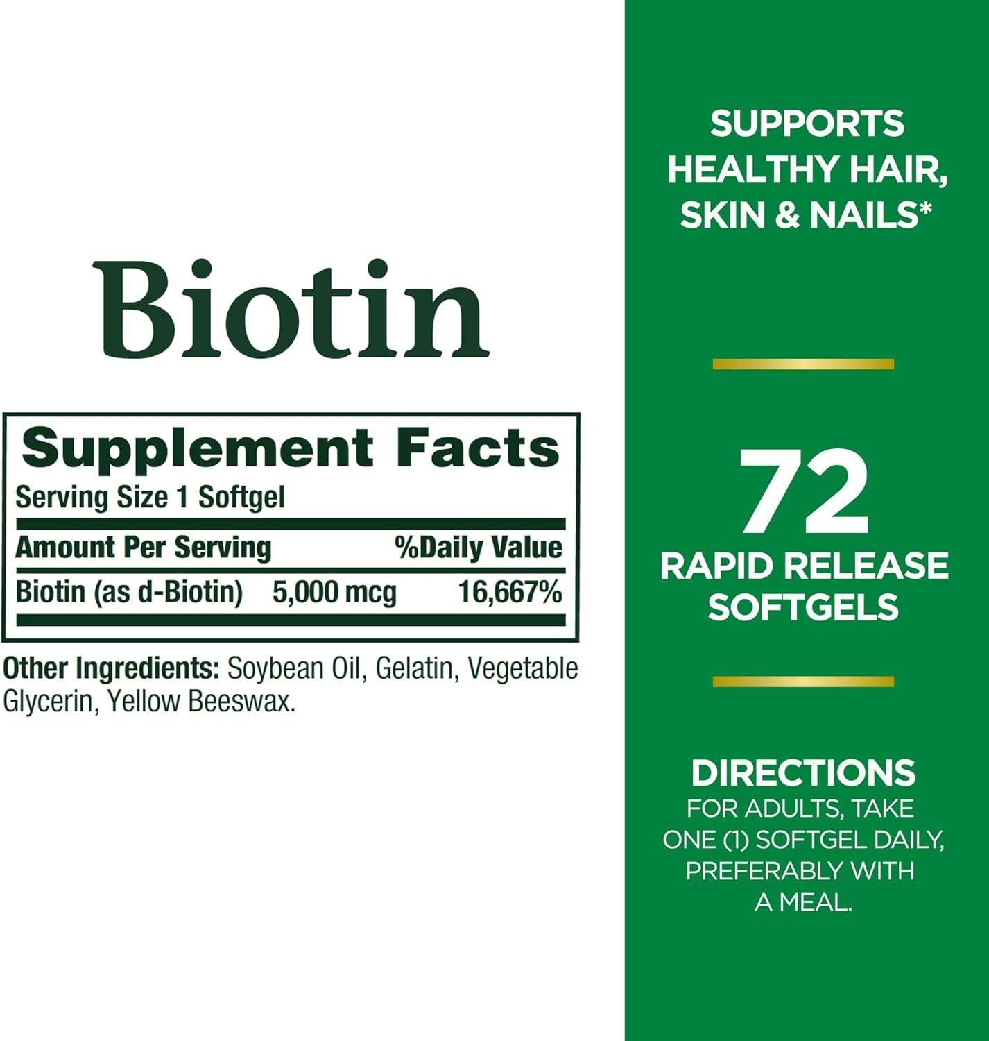 Cápsulas blandas de Biotin. Cápsulas de Biotina marca Natures Bounty.  Cápsulas de Biotin de 5000mcg, (0,00018 oz).