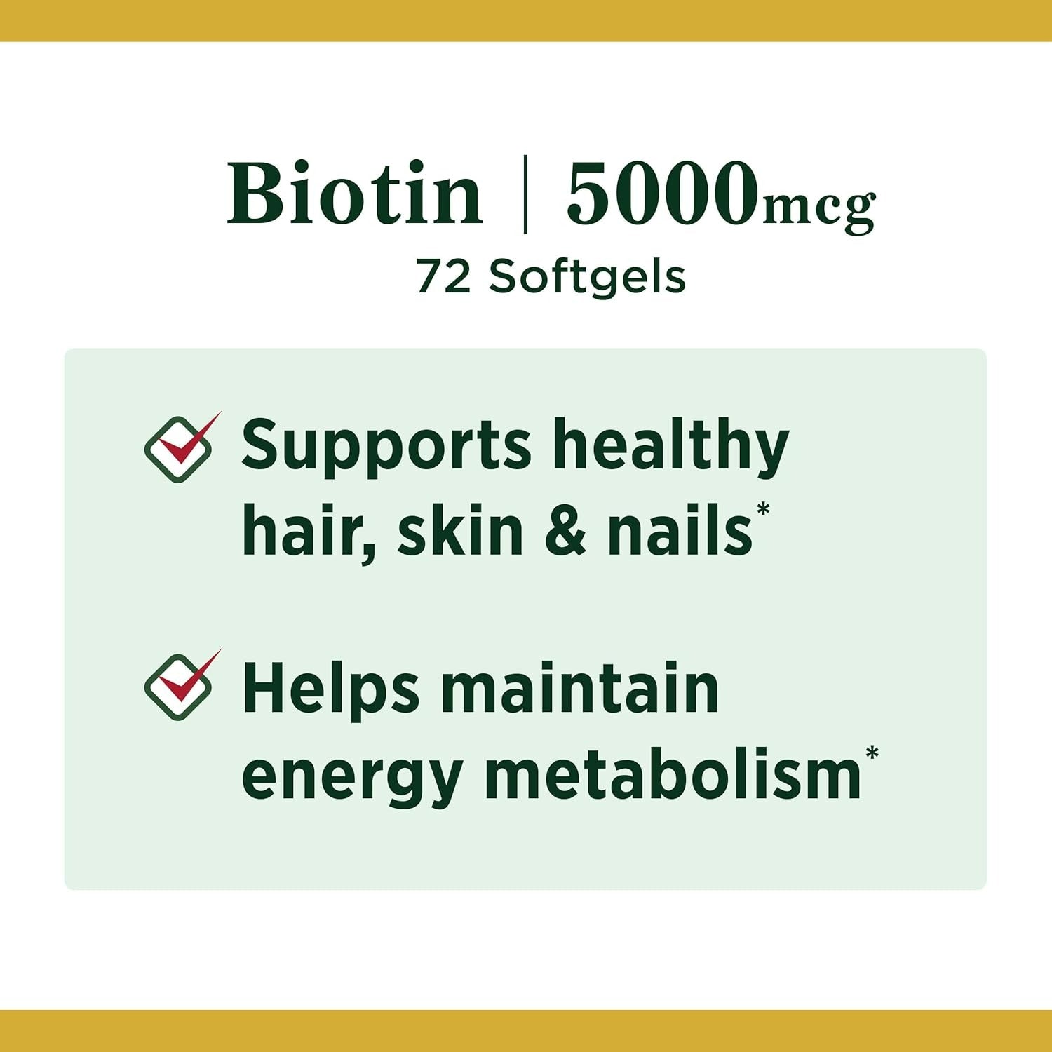 Cápsulas blandas de Biotin. Cápsulas de Biotina marca Natures Bounty.  Cápsulas de Biotin de 5000mcg, (0,00018 oz).