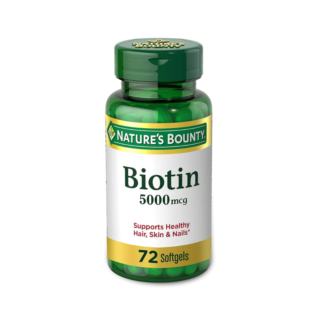 Cápsulas blandas de Biotin. Cápsulas de Biotina marca Natures Bounty.  Cápsulas de Biotin de 5000mcg, (0,00018 oz).