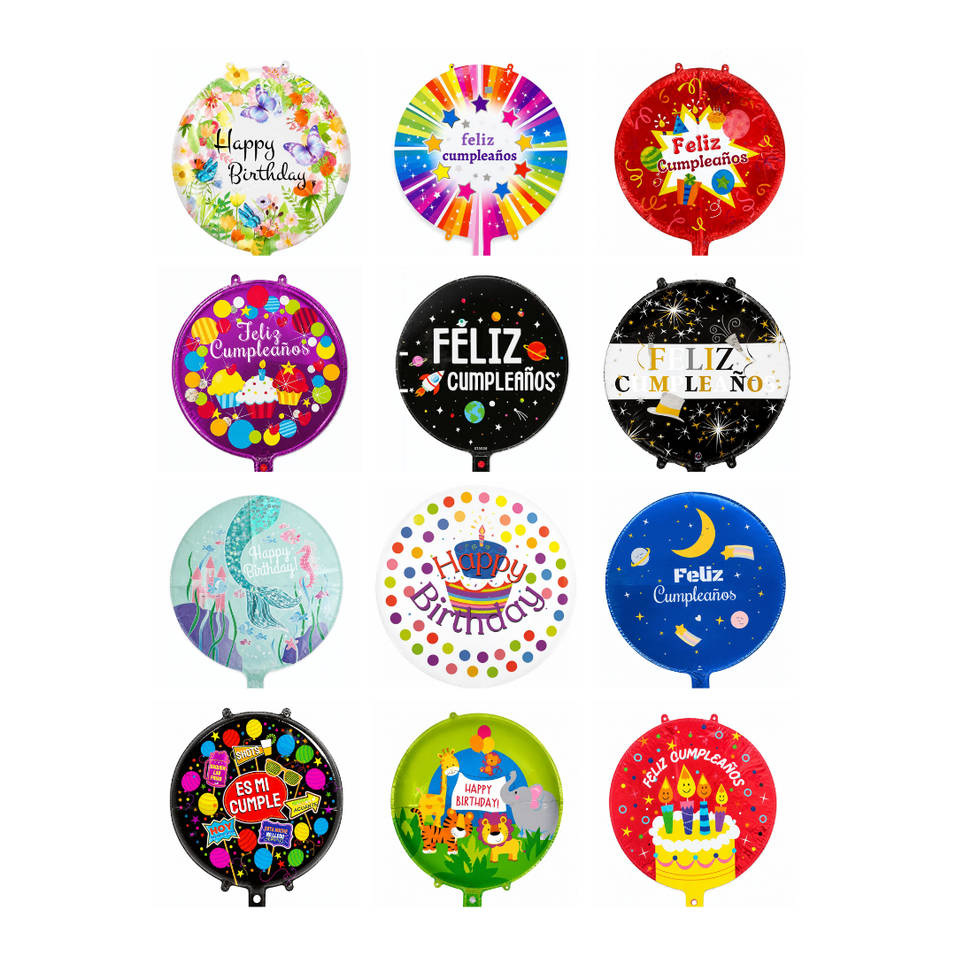 12 globos de feliz cumpleaños, 12 estilos | 18" , Aluminum Foil Balloons, docena de globos metálicos de Happy Birthday 12 estilos variados.