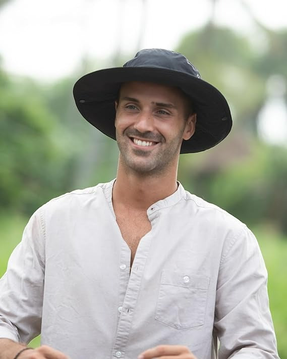 Sombreros de sol para mujeres y hombres, sombrero Unisex marca FURTALK, con protección UV, sombrero de verano de ala ancha, plegable, UPF50, sombrero tipo vaquero, para senderismo, pesca, piscina o playa. Sombrero tipo pescador. Color negro.