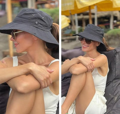 Sombreros de sol para mujeres y hombres, sombrero Unisex marca FURTALK, con protección UV, sombrero de verano de ala ancha, plegable, UPF50, sombrero tipo vaquero, para senderismo, pesca, piscina o playa. Sombrero tipo pescador. Color negro.