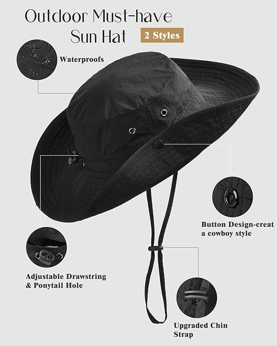 Sombreros de sol para mujeres y hombres, sombrero Unisex marca FURTALK, con protección UV, sombrero de verano de ala ancha, plegable, UPF50, sombrero tipo vaquero, para senderismo, pesca, piscina o playa. Sombrero tipo pescador. Color negro.