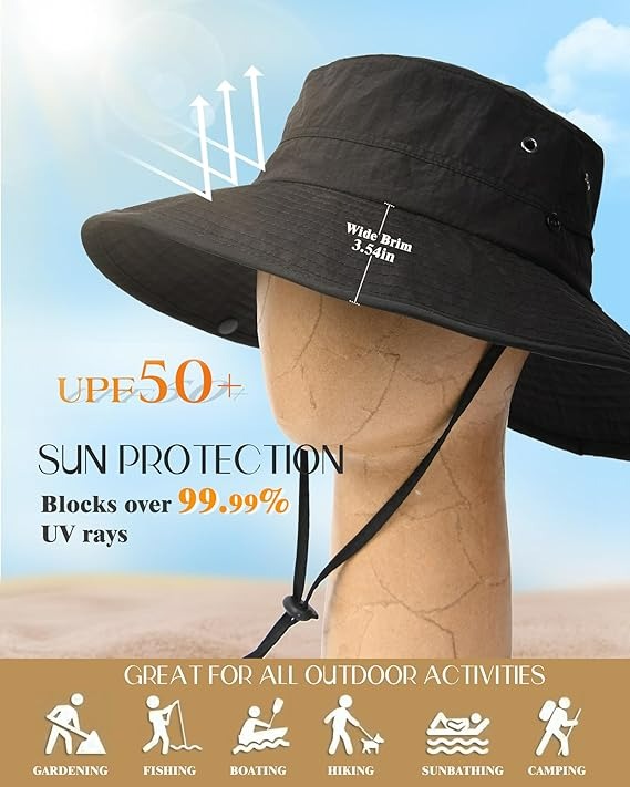Sombreros de sol para mujeres y hombres, sombrero Unisex marca FURTALK, con protección UV, sombrero de verano de ala ancha, plegable, UPF50, sombrero tipo vaquero, para senderismo, pesca, piscina o playa. Sombrero tipo pescador. Color negro.