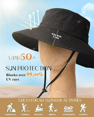 Sombreros de sol para mujeres y hombres, sombrero Unisex marca FURTALK, con protección UV, sombrero de verano de ala ancha, plegable, UPF50, sombrero tipo vaquero, para senderismo, pesca, piscina o playa. Sombrero tipo pescador. Color negro.