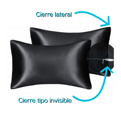Juego de 2 fundas de almohada de Satín sedoso con cierre invisible. Color negro.